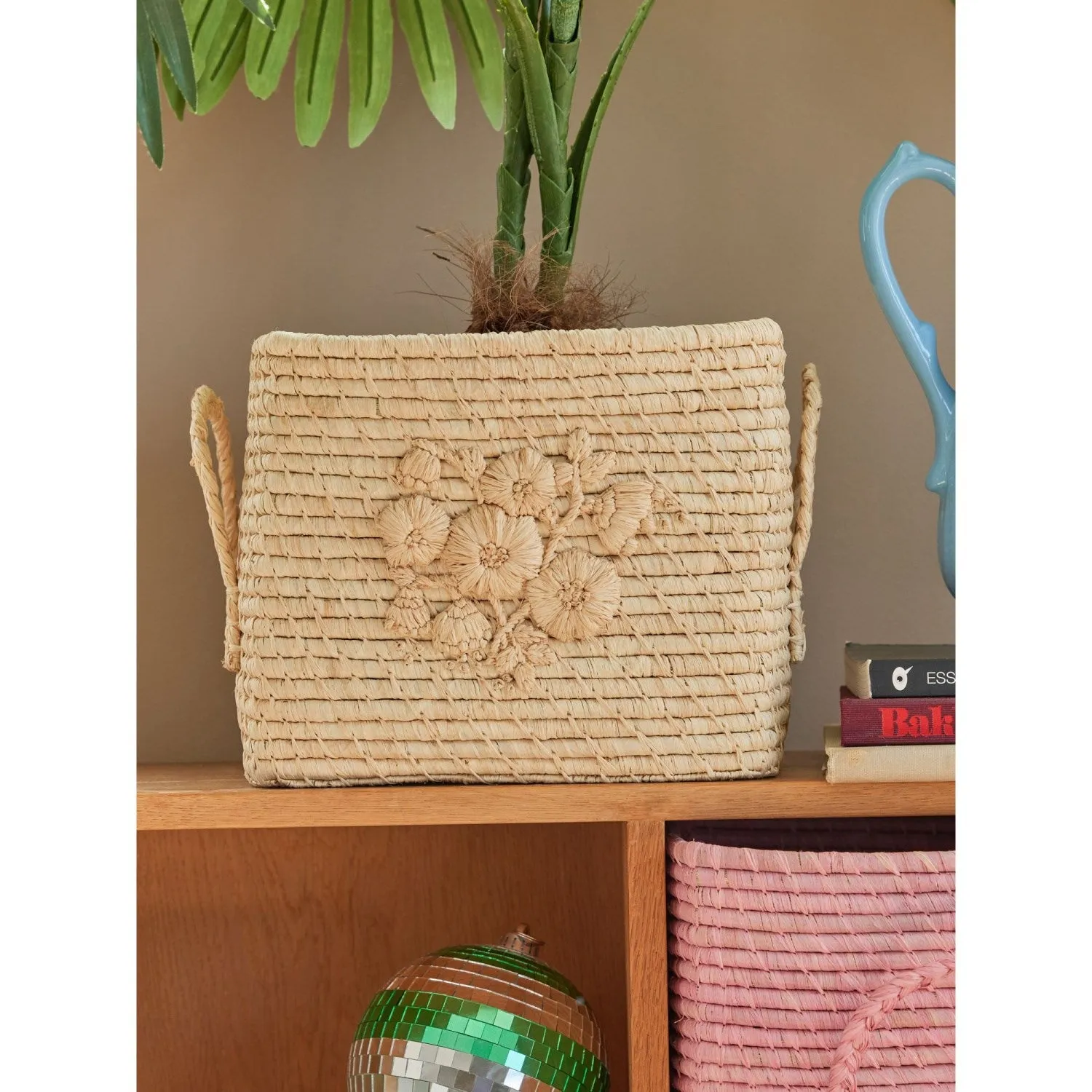 Rice Raffia Square Basket In Nature With Flower Embroidery - Raffia Handles